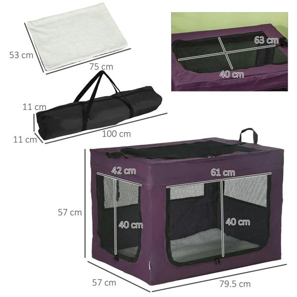 Purple pet carrier with mesh panels and faux lamb fleece cushion, shown with dimensions