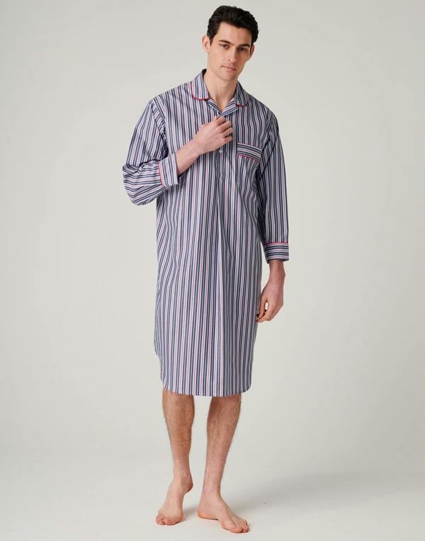 British Boxers Men's Crisp Cotton Nightshirt – Red Pop Stripe