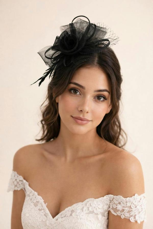 SVNX Double Flower Feather Fascinator in Black