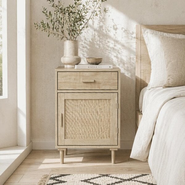 Wyld Haus Basose Natural Wood Effect Rattan Bedside Table With Drawer And Door