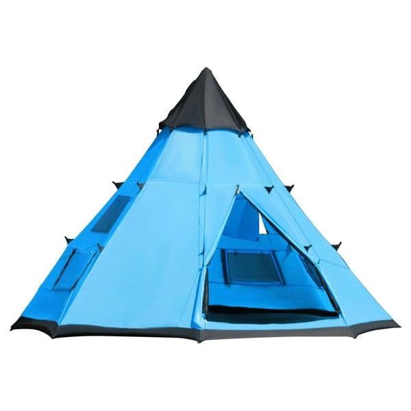 Blue and black tipi camping tent with front open doorway and side panels