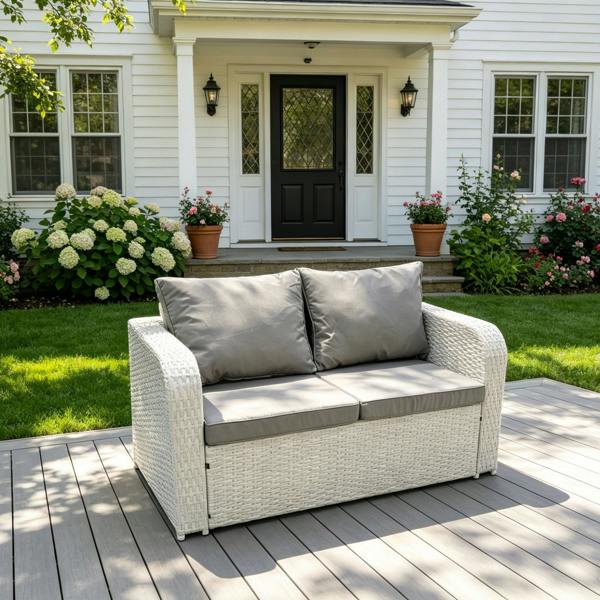 Fimous 2 Seater Sofa Rattan Curved Arm Loveseat Light Grey Mixed Outdoor Garden Furniture with Thick Removable Cushion