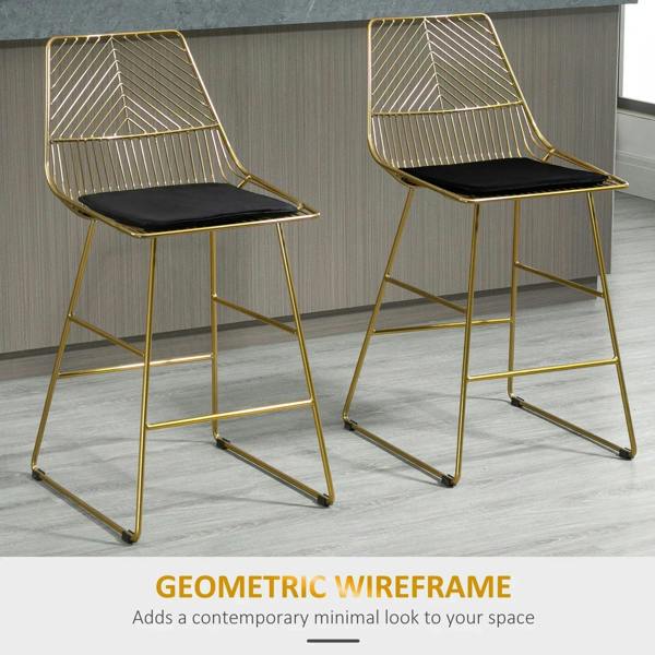 Set of 2 gold wire bar stools with black cushions and curved backrest