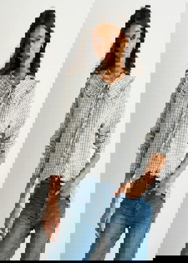 Gini London Blue Gingham Textured Check Peter Pan Collared Shirt