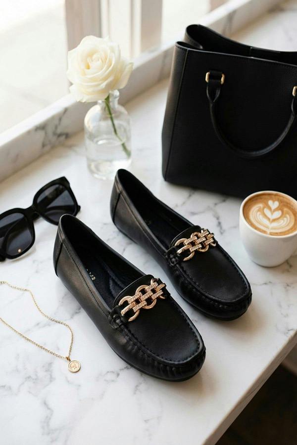 Olivia Womens Rhinestone Chain Loafers - Black