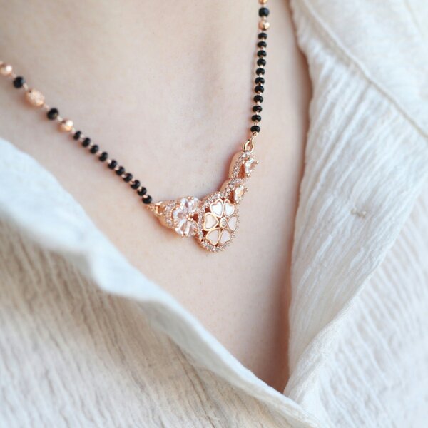 The Colourful Aura Indian Nazaria Rose Gold Floral Heart Zircon Mangalsutra Black Beads Necklace