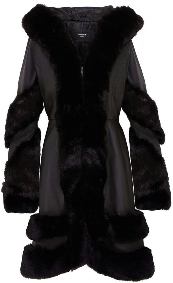 Infinity Leather Womens Flared Black Leather Hooded Cape Coat With Fur - Mandal