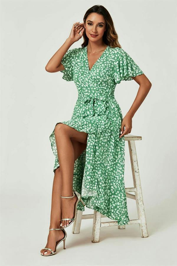 FS Collection Floral Print Midi Wrap Dress In Light Green