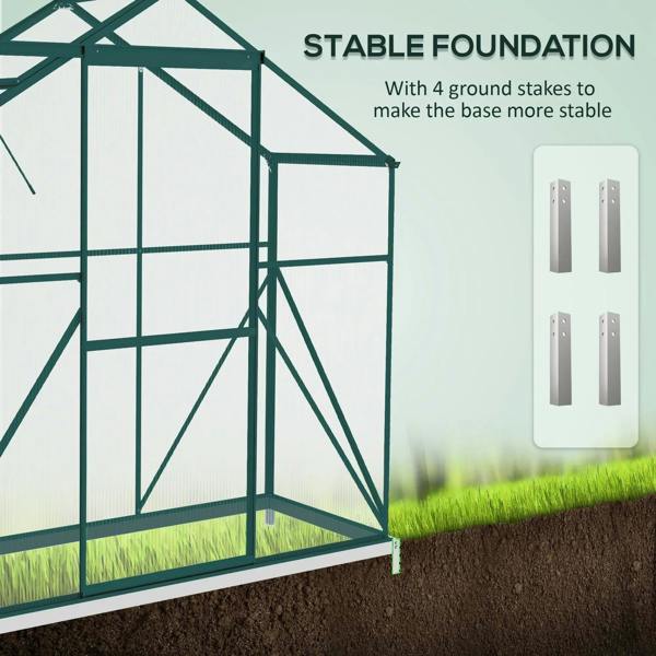 Green polycarbonate greenhouse with stable base and four ground stakes