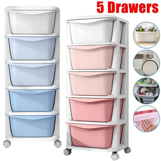 Havendro 5TIER PLASTIC STORAGE DRAWERS TOWER W/ WHEELS TROLLEY UNIT HOME OFFICE