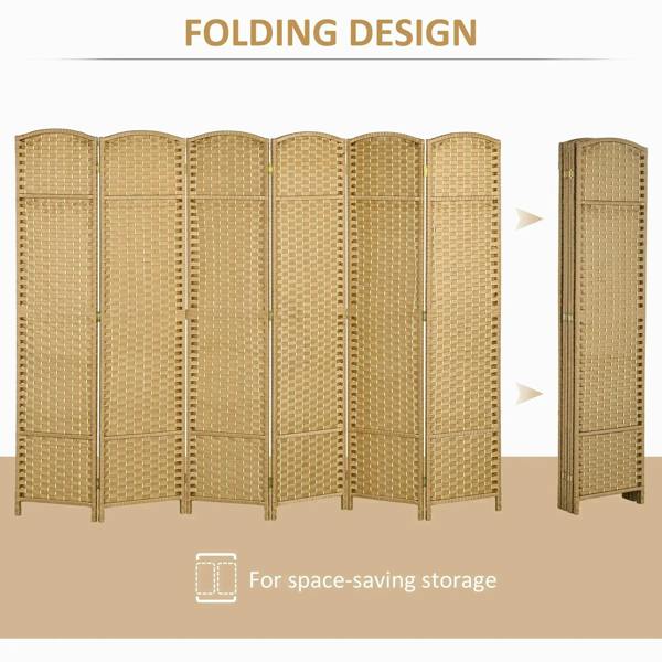Folded 6-panel privacy screen with woven panels and natural wood frame