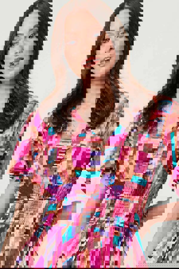 Pink | Geo Print Angel Sleeve Midi Dress