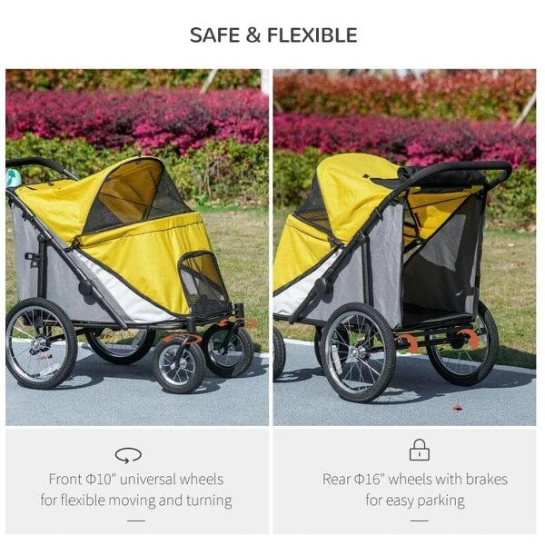 Foldable Pet Stroller, with Washable Cushion, Storage Bags, Safety Leash, for Medium, Large Dogs, Cats - Yellow