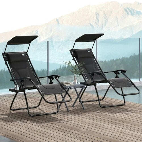 Bobobiy Zero Gravity Lounger Chair Set of 2, Folding Reclining Patio Chair with Shade Cover, Soft Cushion and Headrest for Poolside, Black