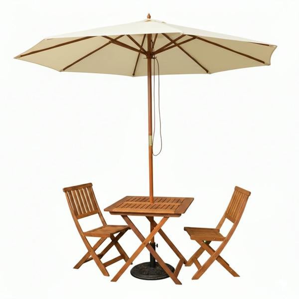 Samuel Alexander Outdoor 2 Person Folding Wooden Garden Dining Table Chairs Cream Parasol and Base Set