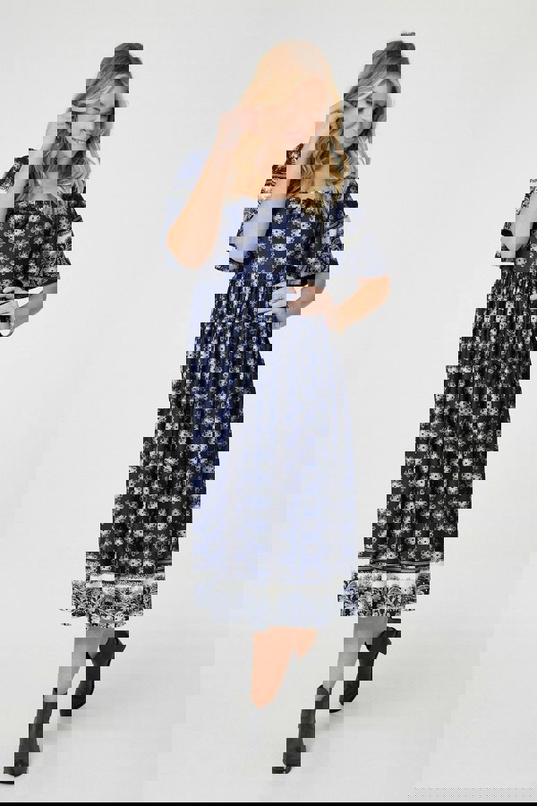 Navy | Printed 1/2 Batwing Sleeve Midi Dress