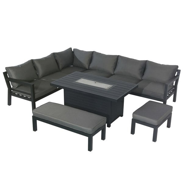 Furniture One Outdoor Gas Fire Pit 8 Seater Dining Table Set, Corner Sofa with Soft Cushions & 2 Benches