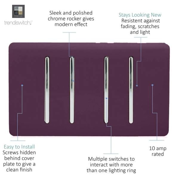 Trendi Switch 4 Gang Light Switch (2x 1 or 2 Way & 2 x Intermediate)in Plum Purple