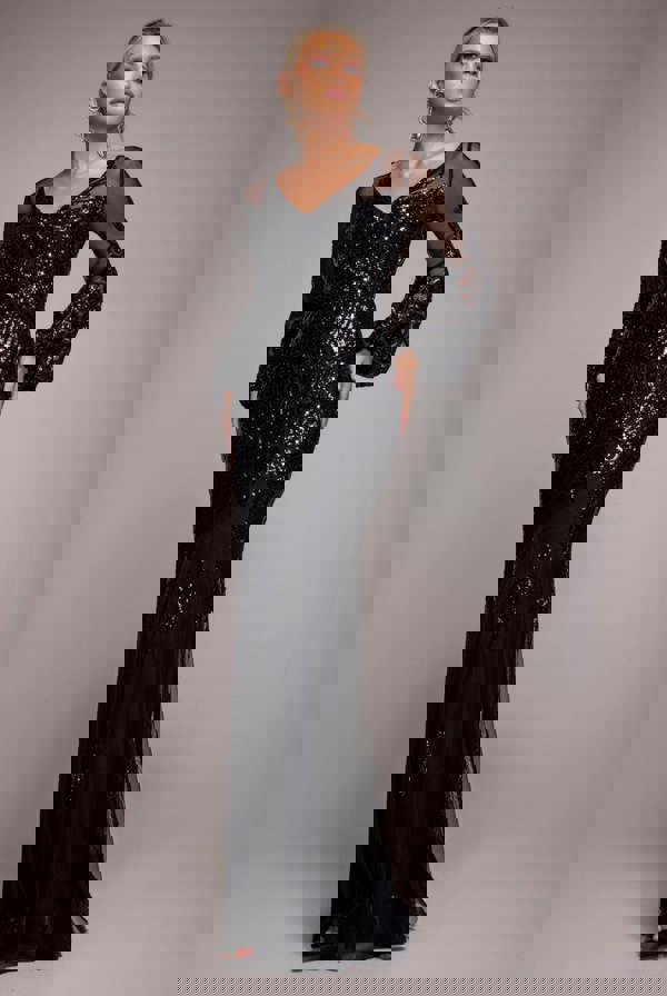 Embellished Sequin Bishop Sleeve Maxi Dress - Black DR4634