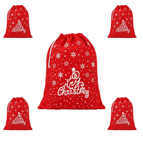 Shatchi Festive Felt Santa Sack Variant Set with Merry Christmas Print and Drawstring Top - 5 Pack - Hanging decoration set