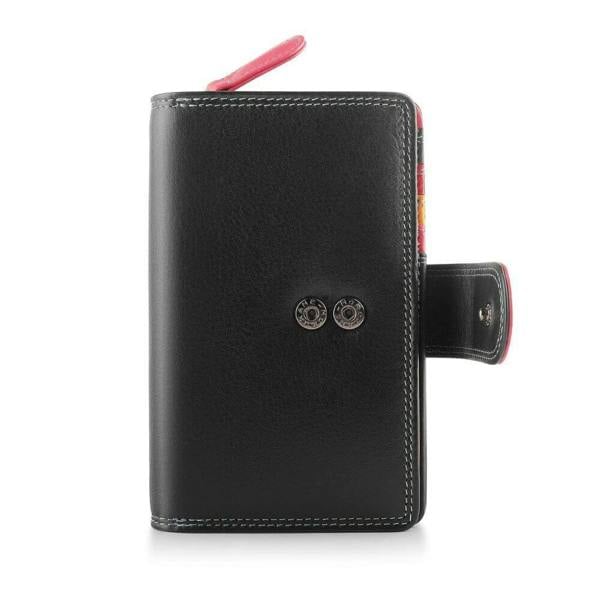 Black leather wallet with a pink buckle on a white background