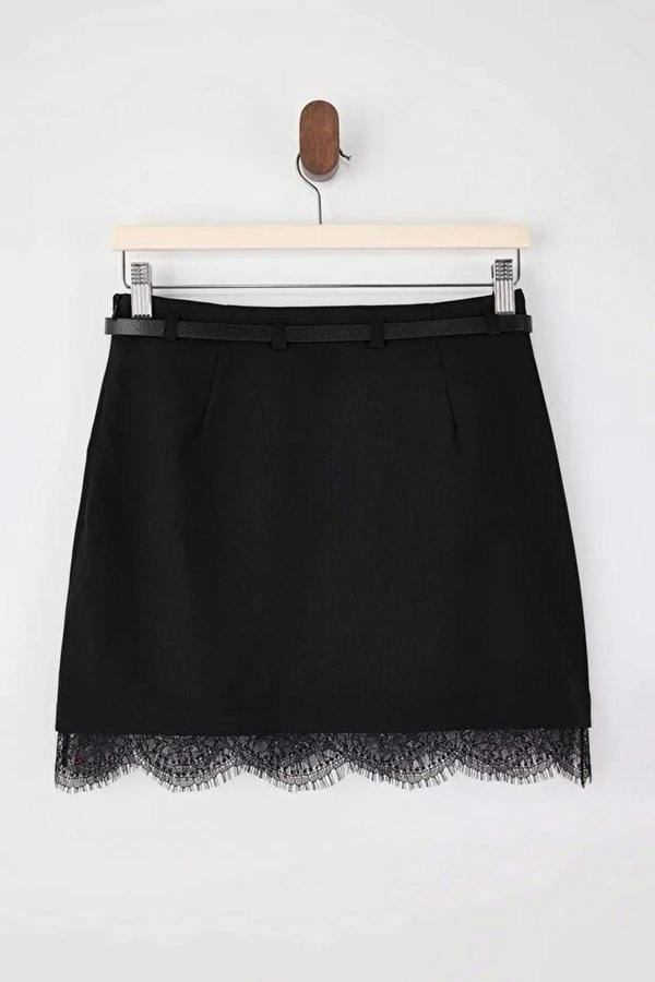 WOVCOR Belted A-Line Mini Skirt with Lace Hem Detail