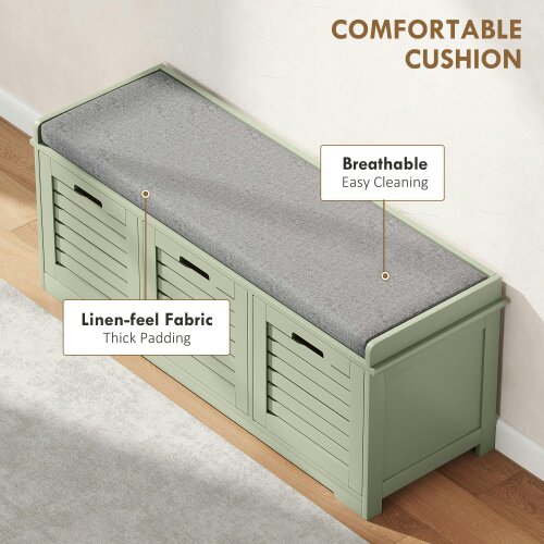 Wyld Haus Dilena Wooden Green 3 Drawer Shoe Storage Bench with Grey Padded Seat