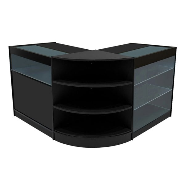 Black Demeter LED Shop Counter Set featuring sleek glass shelves, curved design, and modern aesthetic for retail displays