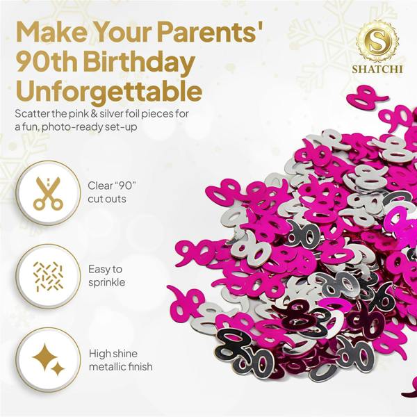 Pink and Silver 90th Birthday Foil Confetti Decoration Set, Metallic Finish for Tables and Displays image 4