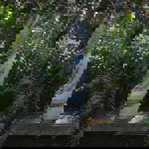 Medium Stone Cast Buddha Statue with Traditional Hat