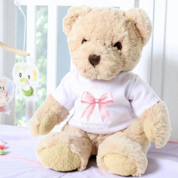 Personalised Pink Bow Christening Day Baby Gift Box - Teddy & Vest