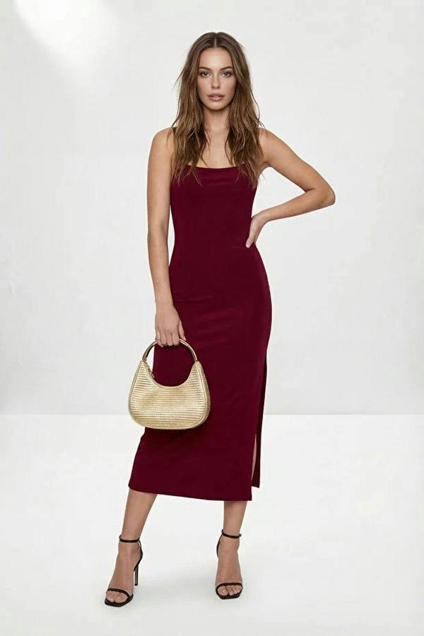 WOVCOR Backless Lace-up Strap Slit Detail Party Dress