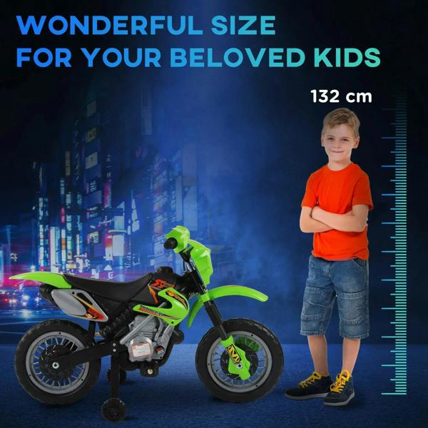 Green kids electric ride-on motorcycle scooter shown with child for size scale