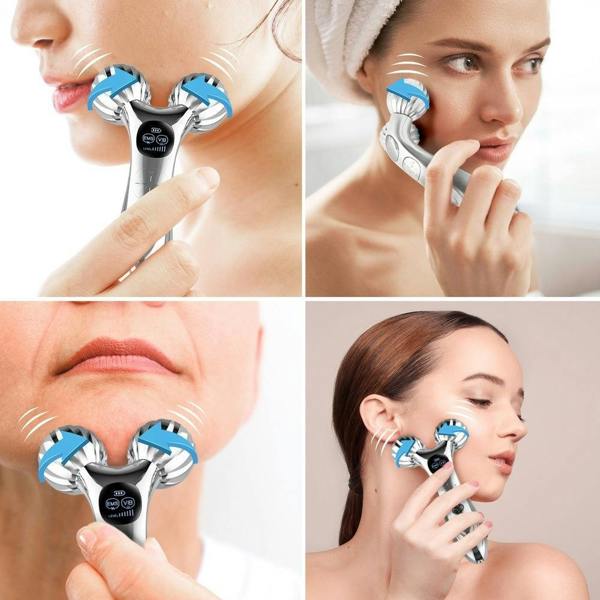 Four images feature women using the Rio Face & Body Massage Roller, a handheld tool with three blue and silver rotating heads, demonstrating its firming benefits on cheeks and jawline from various angles.
