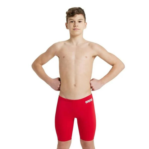 Red Arena boys team solid swim jammer with white spandex logo
