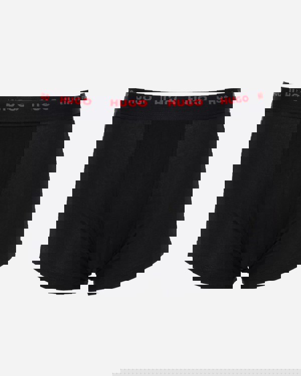 studio shot of HUGO 5-Pack Mens Stretch-Cotton Trunks with Logo Waistbands in black and red