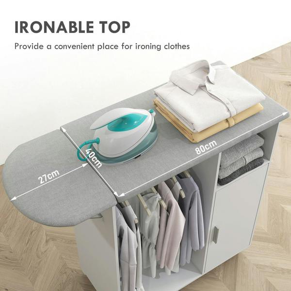 Gray ironing top with foldable board cover and white iron resting on the cabinet