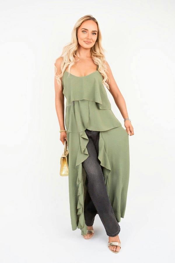 Nayeli Layered Cami Top With Asymmetric Hem - Khaki