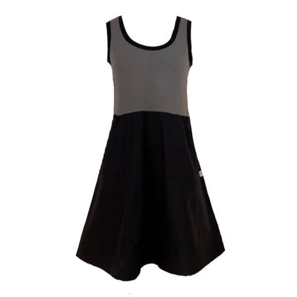 Cut out of a dress with a grey sleeveless vest top bound with black at the neck and armhole edges. The skirt is black woven organic cotton in a skater style. The skirt has useful pockets and the dress is knee length.