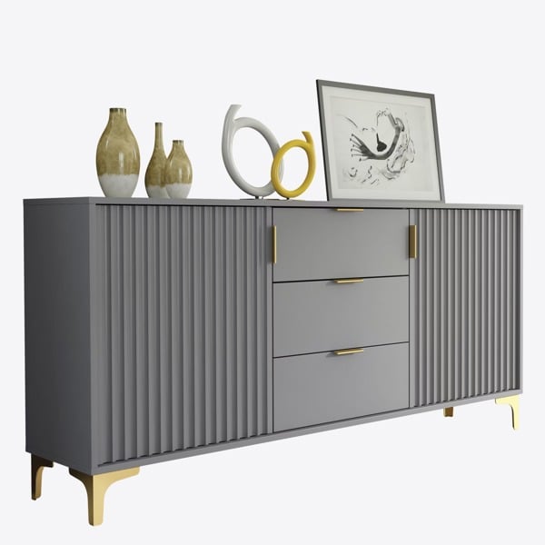 Mex Furniture Captivating Grey 140cm Sideboard with Ribbed Doors, 3 Drawers & Gold Accents