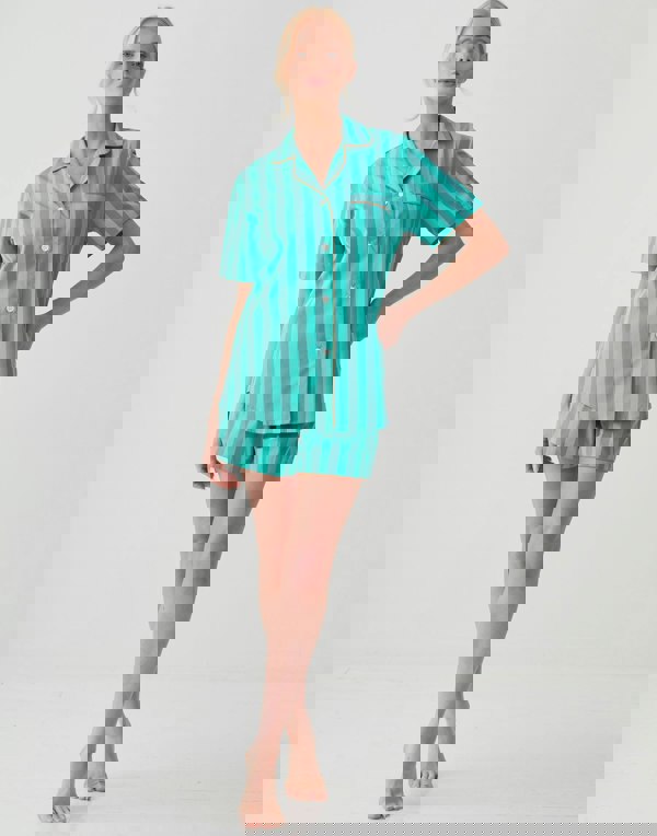 British Boxers Women's Crisp Cotton Short Pyjama Set – New York Turquoise Stripe