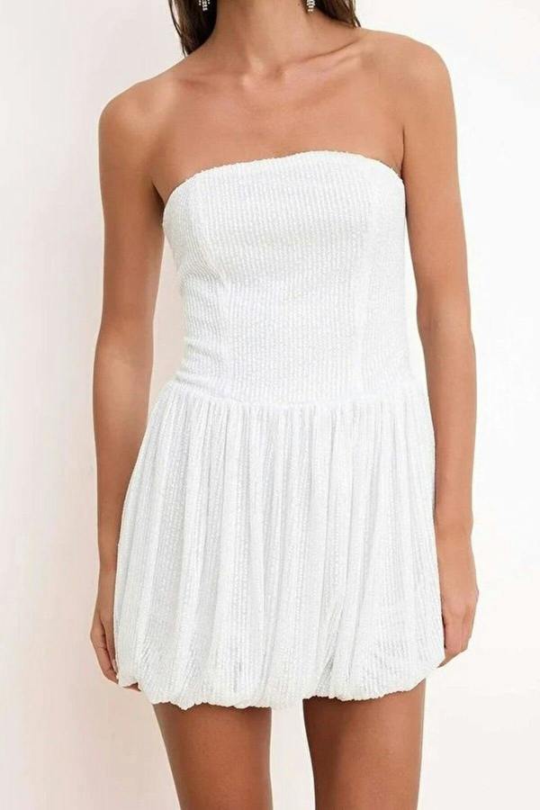 WOVCOR Balloon Skirt Detail Sequin Knit Short Dress