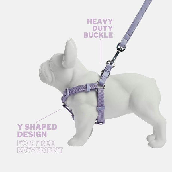 Fresh Lilac Y Shaped Dog Harness for Comfort and Free Movement. Features Heavy Duty Chrome Buckles and Vegan Leather Back Straps