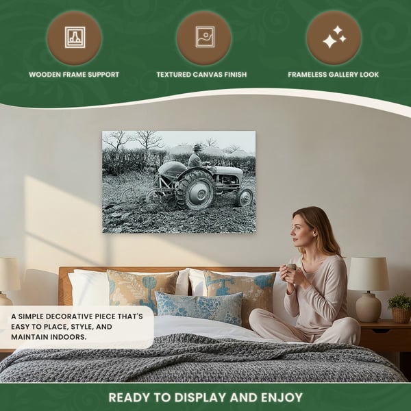 Ferguson TE20 Tractor Ploughing Canvas Picture Print, Circa 1950 Black and White Farm Scene, 60 x 40 cm, Stretched Canvas