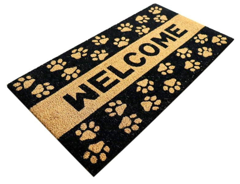 A.Unique Home 15mm Coir Doormat Non-Slip PVC Back - Paw Welcome 40x80cm