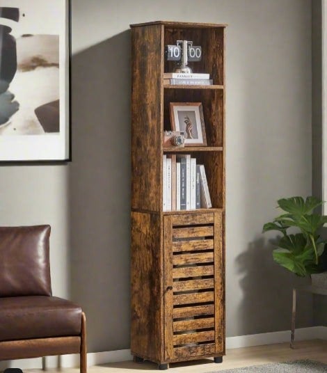 Rustic brown tall floor cabinet with door, open compartments, and adjustable interior shelves

