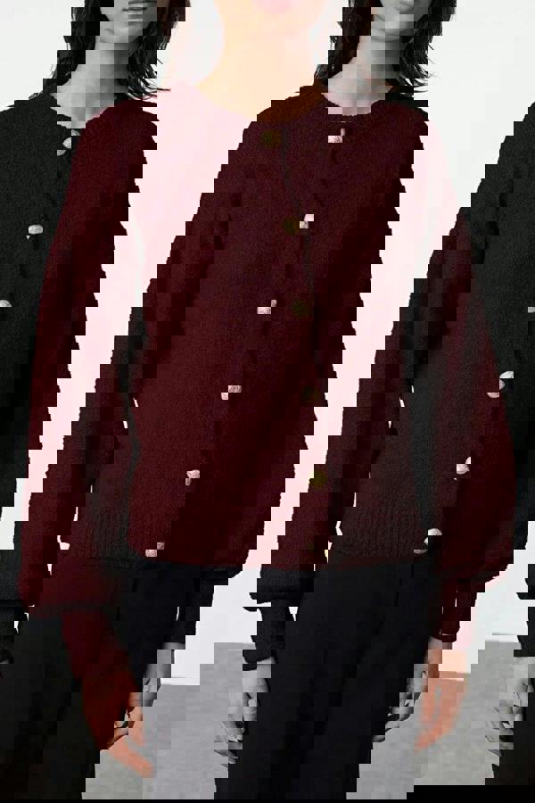 WOVCOR Soft-Textured Knit Cardigan with Button Detail and Balloon Sleeves