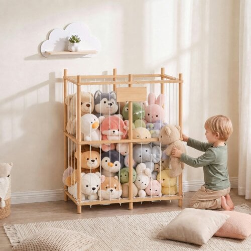 AIYAPLAY Toy Storage with Elastic Cords, Wooden Animal Storage Zoo, Natural