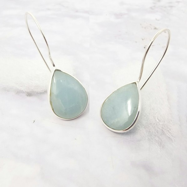 Aquamarine March Birthstone Silver Drop Wire Earrings