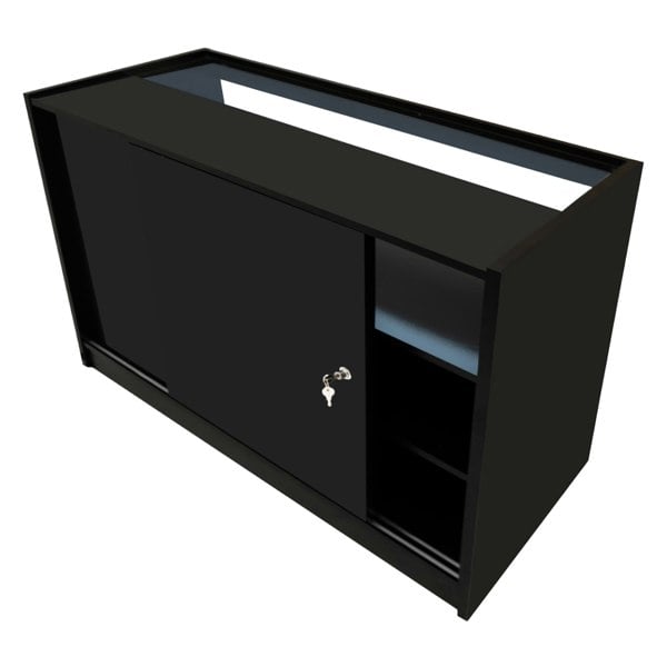 Theseus LED shop counter set in sleek black, featuring a sliding door, glass display top, and open shelving for storage